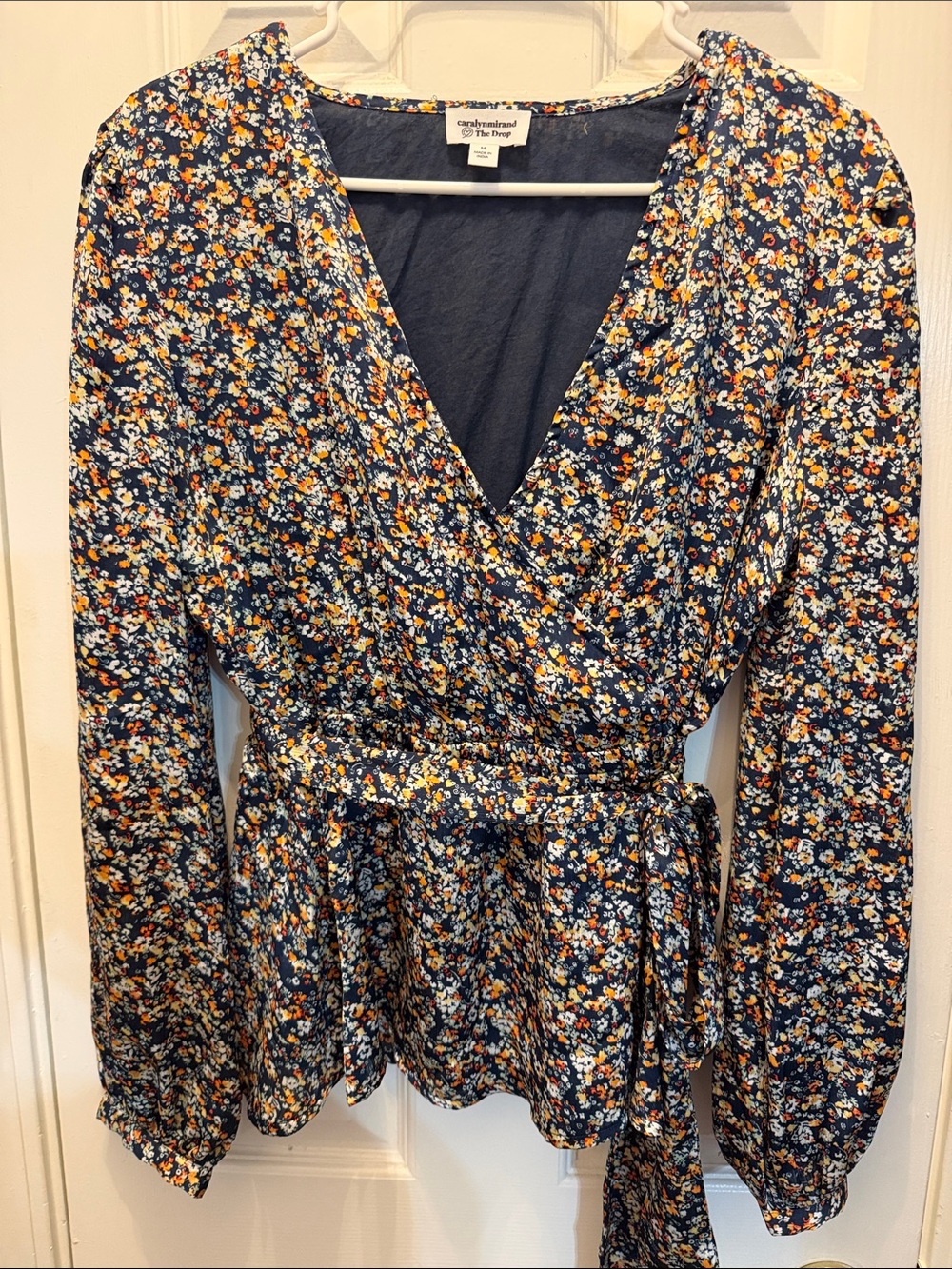 Navy Floral Wrap Blouse with Self Tie Waist